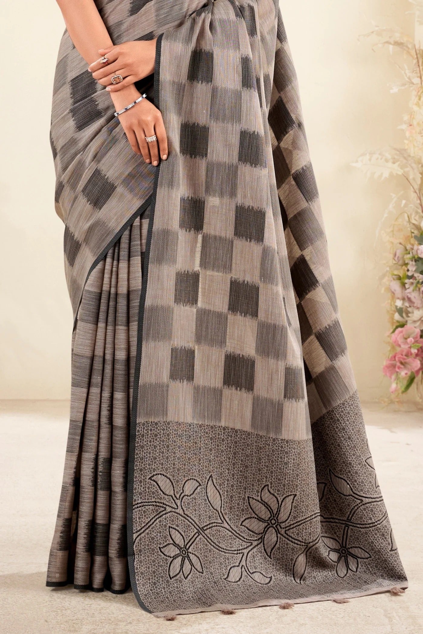 Burn Wood Brown Woven Linen Soft Saree