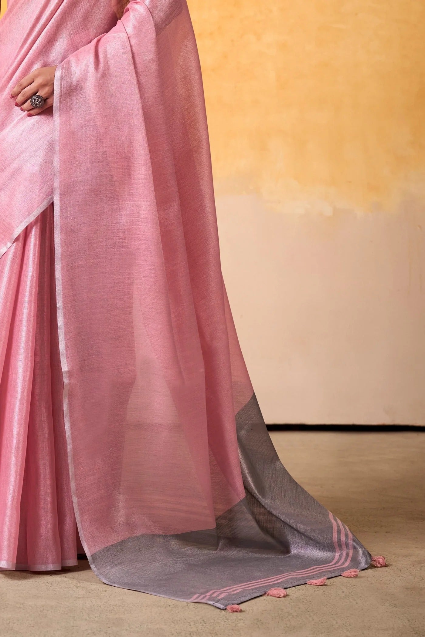 Coral Pink Woven Tissue Soft Silk Saree With Blouse