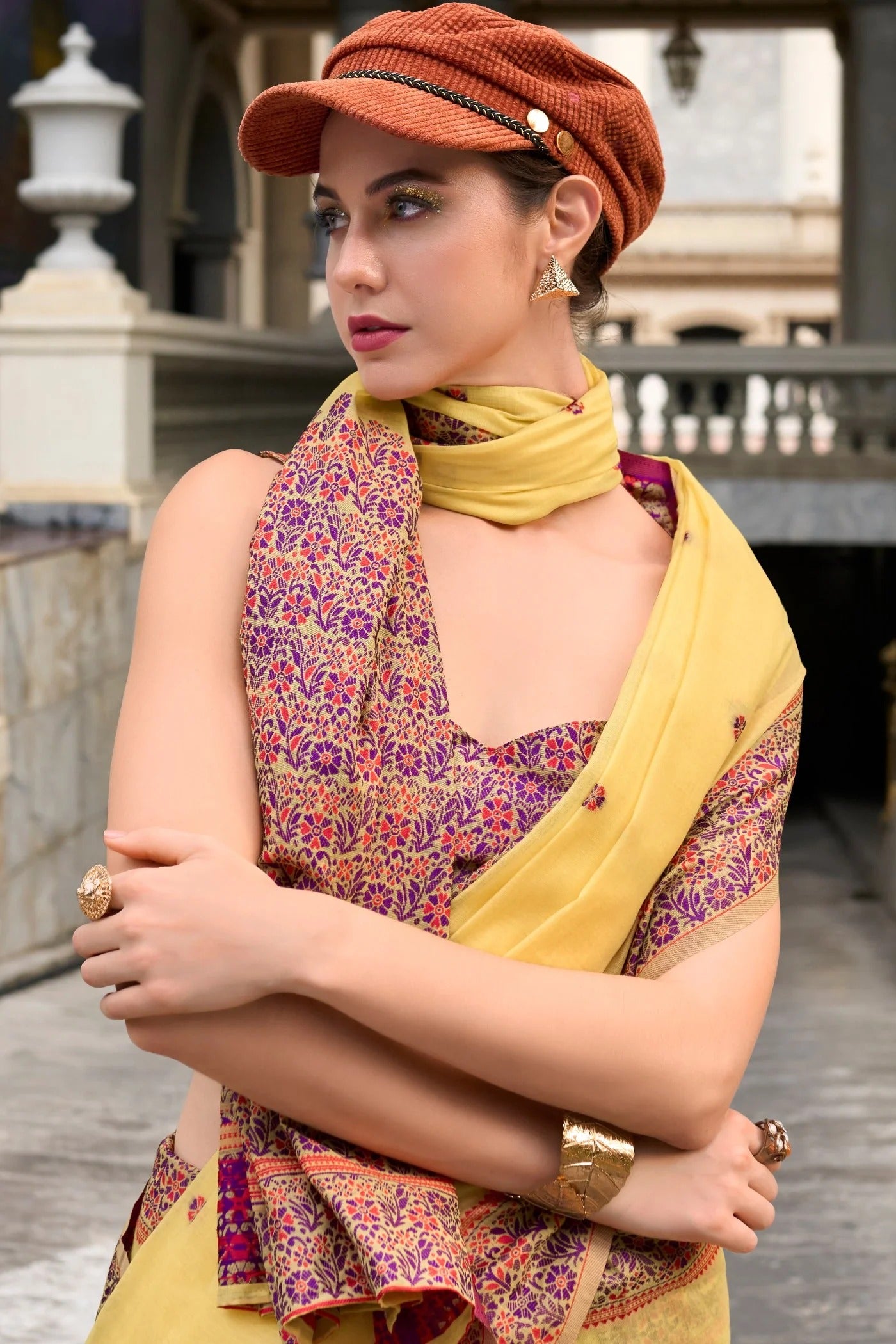 Lemon Yellow Handloom Linen Cotton Saree Designer Blouse