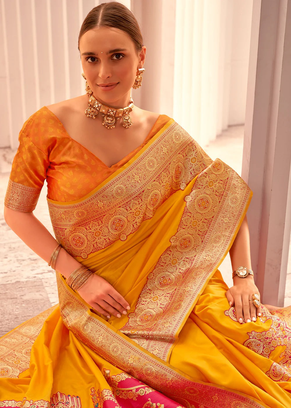 Citrine Yellow Shade Silk Woven Zari Work Broad Border Saree