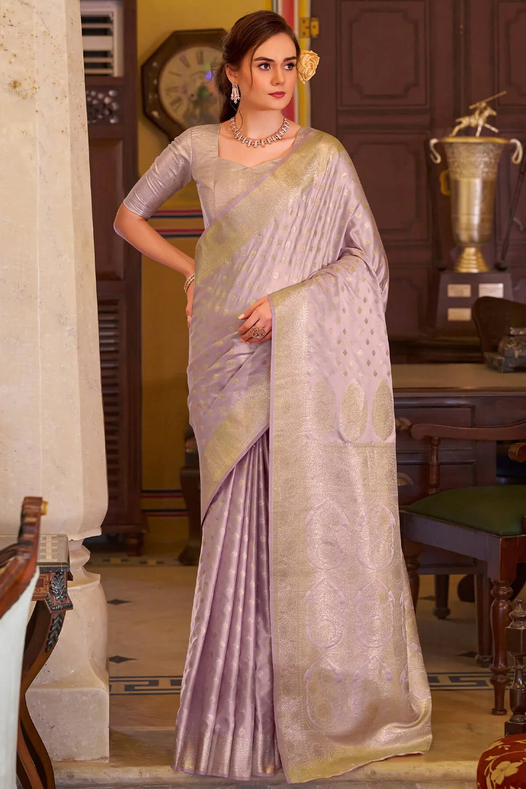Glamorous Purple Woven Banarasi Satin Soft Silk Saree