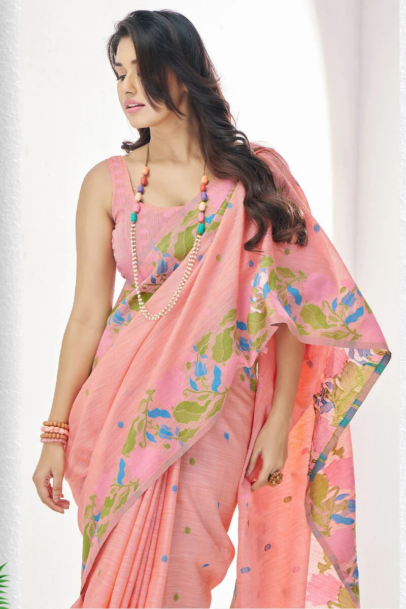 Peach Pure Soft Linen Silk Printed Saree