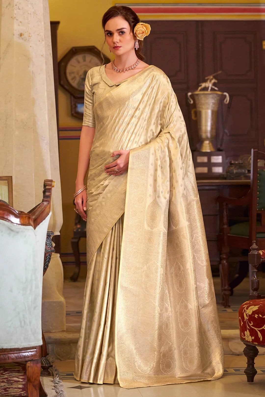 Redolent Beige Woven Banarasi Satin Soft Silk Saree