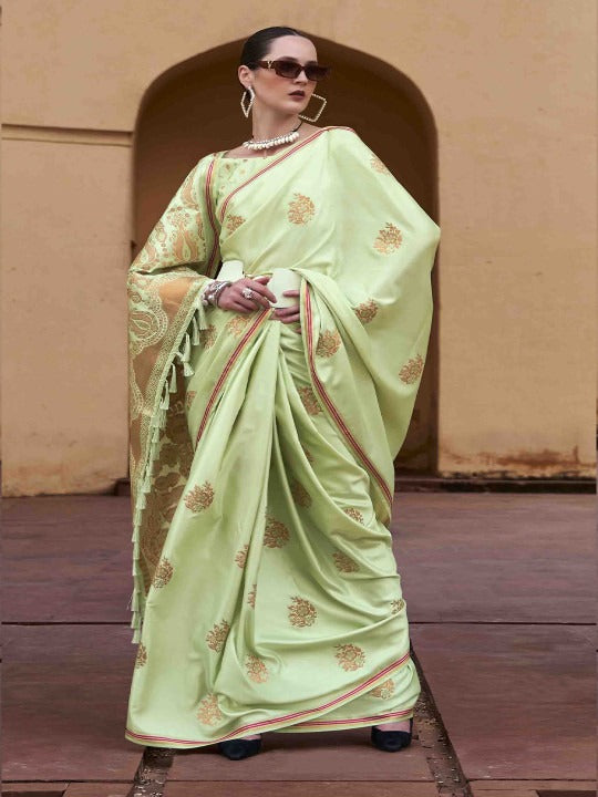 Tea Green Woven Satin Soft Silk Saree With Zari Weaving