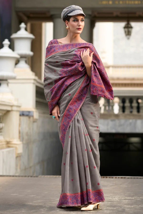 Smokey Grey Handloom Linen Cotton Saree Designer Blouse