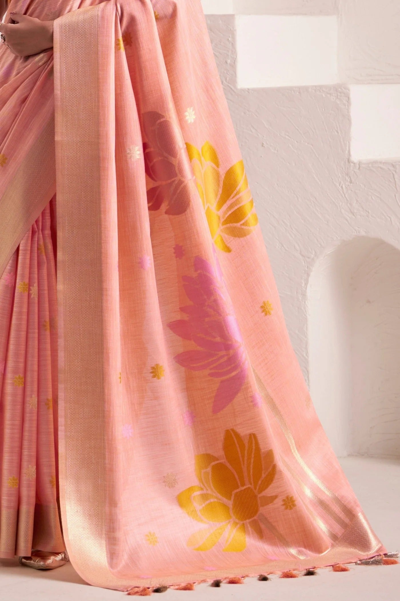 Melon Peach Woven Linen Soft Silk Saree