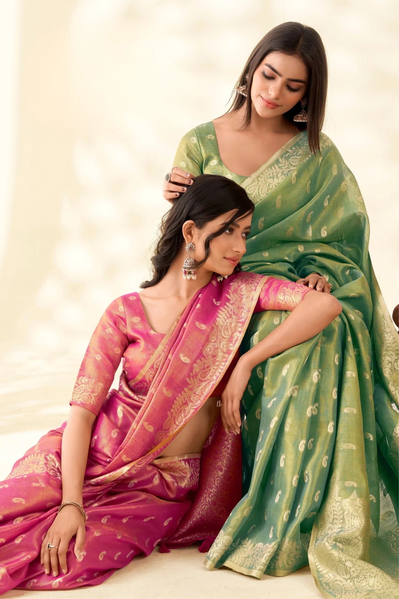 Rose Pink Woven Tissue Linen Saree With Blouse