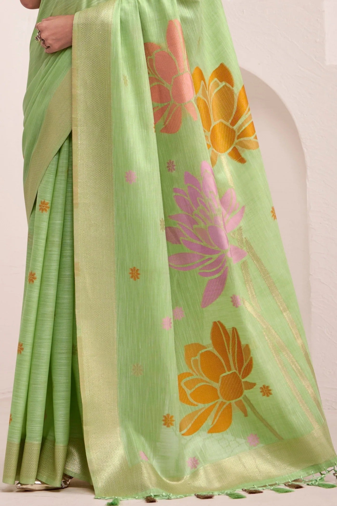 Sea Green Woven Linen Soft Silk Saree