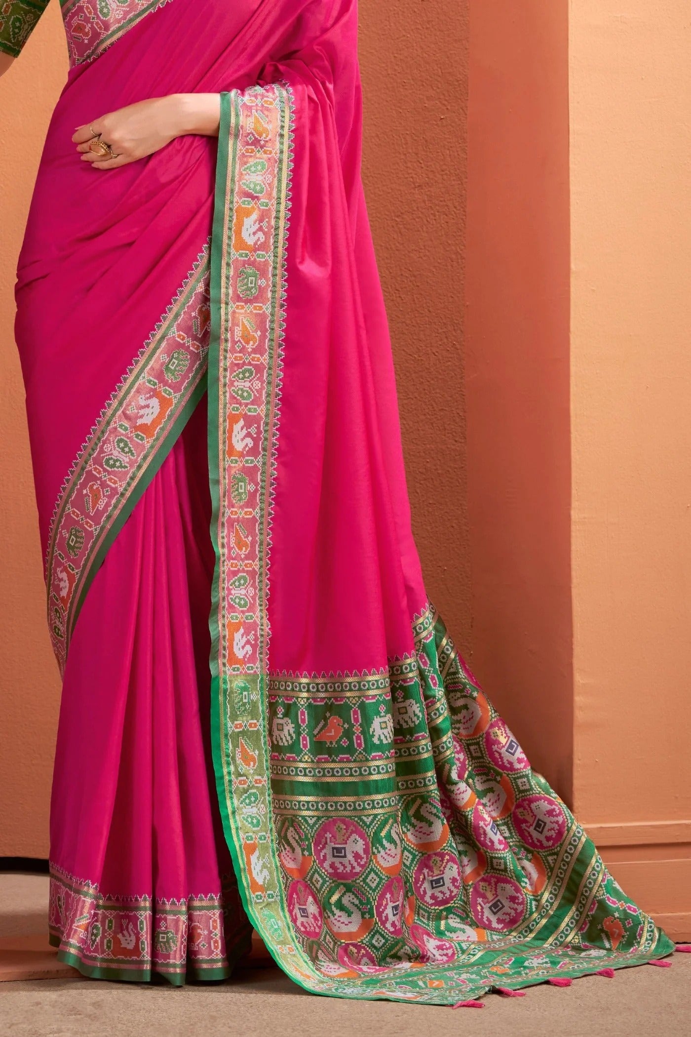 Rani Pink Woven Banarasi Patola Soft Silk Saree