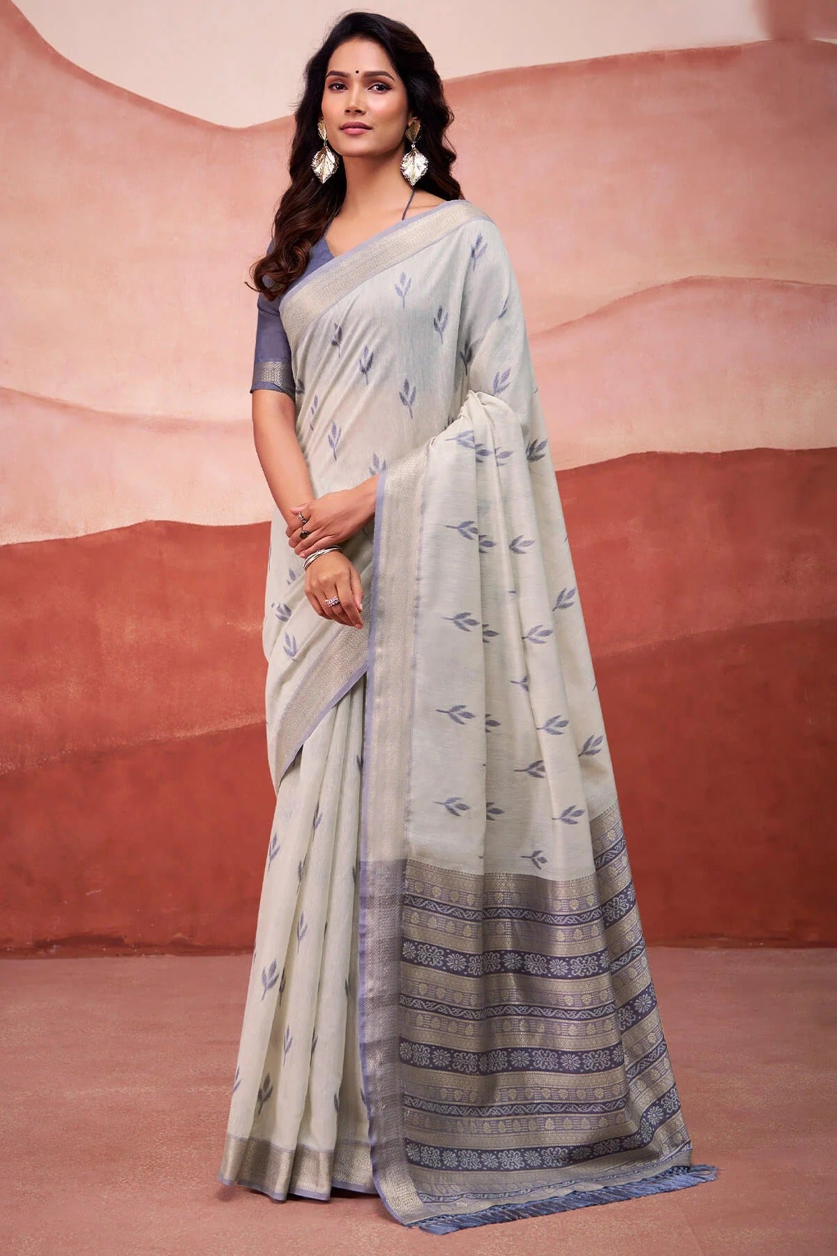 Foggy Grey Woven Design Zari Pure Cotton Saree With Blouse