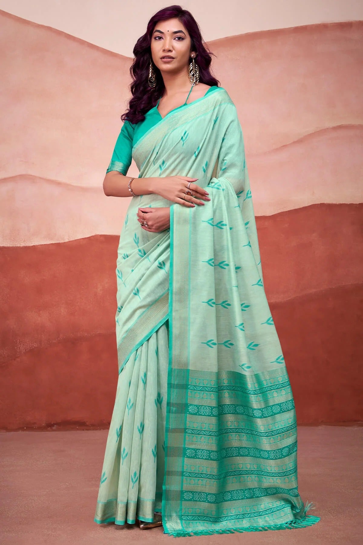 Light Pista Woven Design Zari Pure Cotton Saree With Blouse