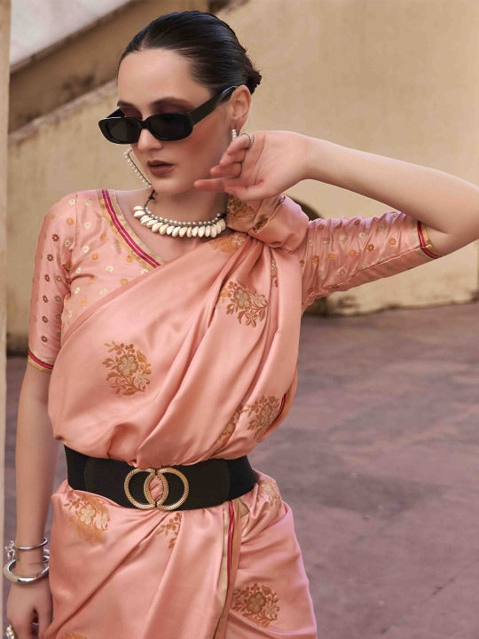 Rose fog Woven Satin Soft Silk Saree With Zari Weaving