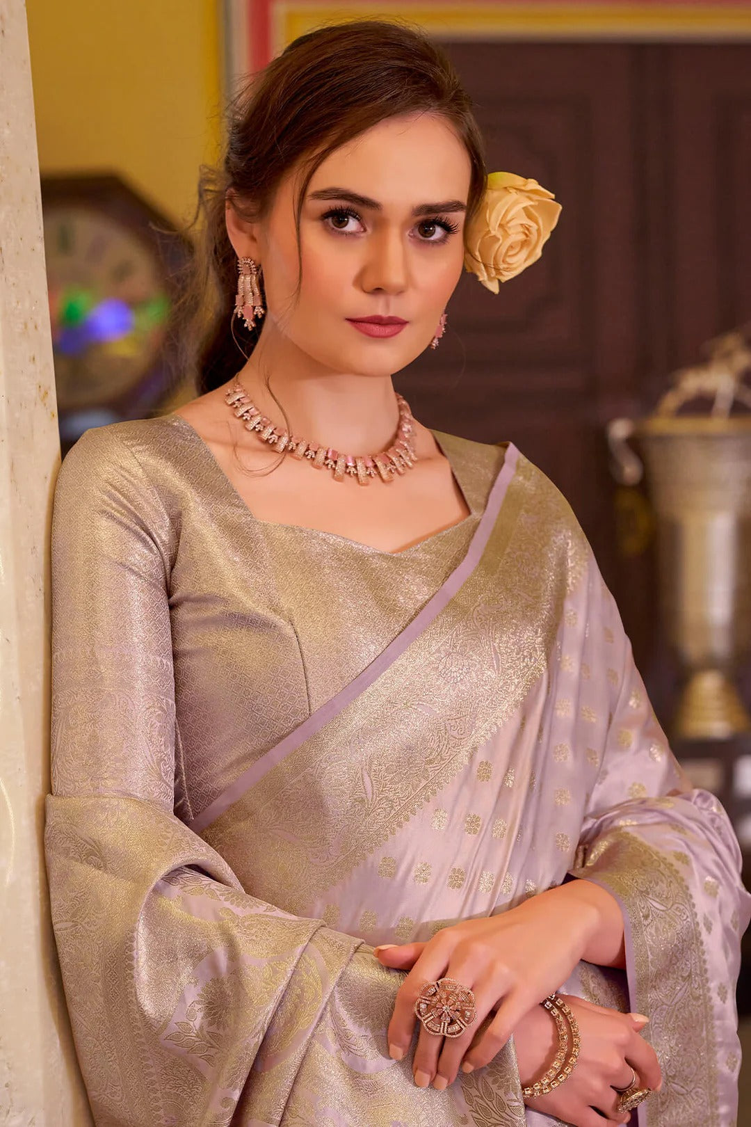 Glamorous Purple Woven Banarasi Satin Soft Silk Saree