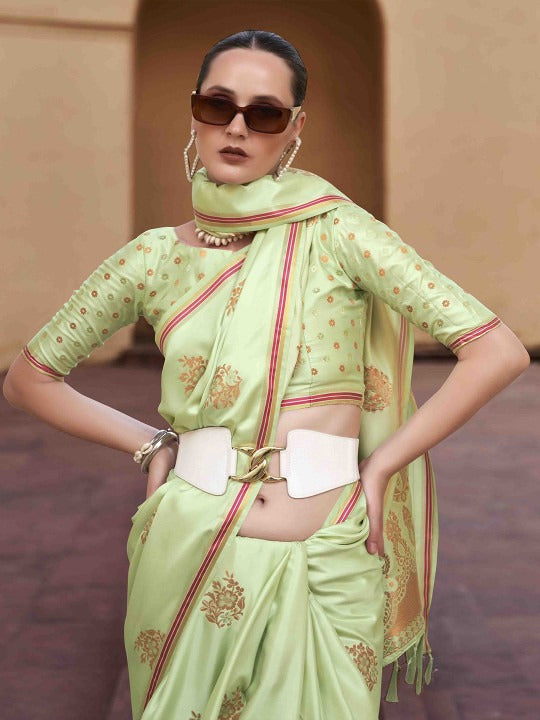 Tea Green Woven Satin Soft Silk Saree With Zari Weaving