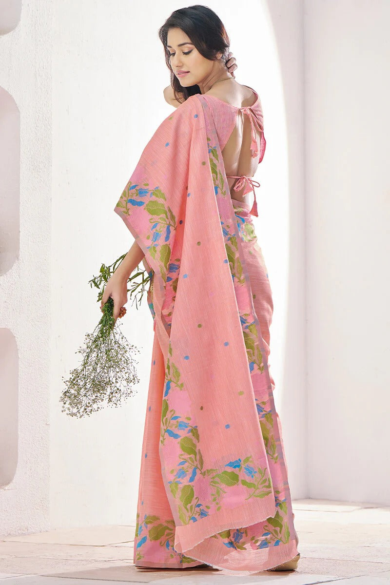 Peach Pure Soft Linen Silk Printed Saree