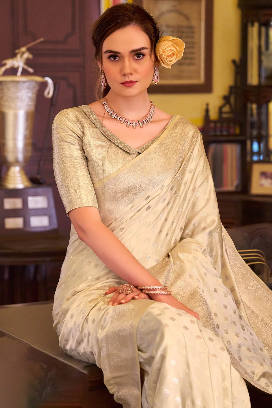 Redolent Beige Woven Banarasi Satin Soft Silk Saree