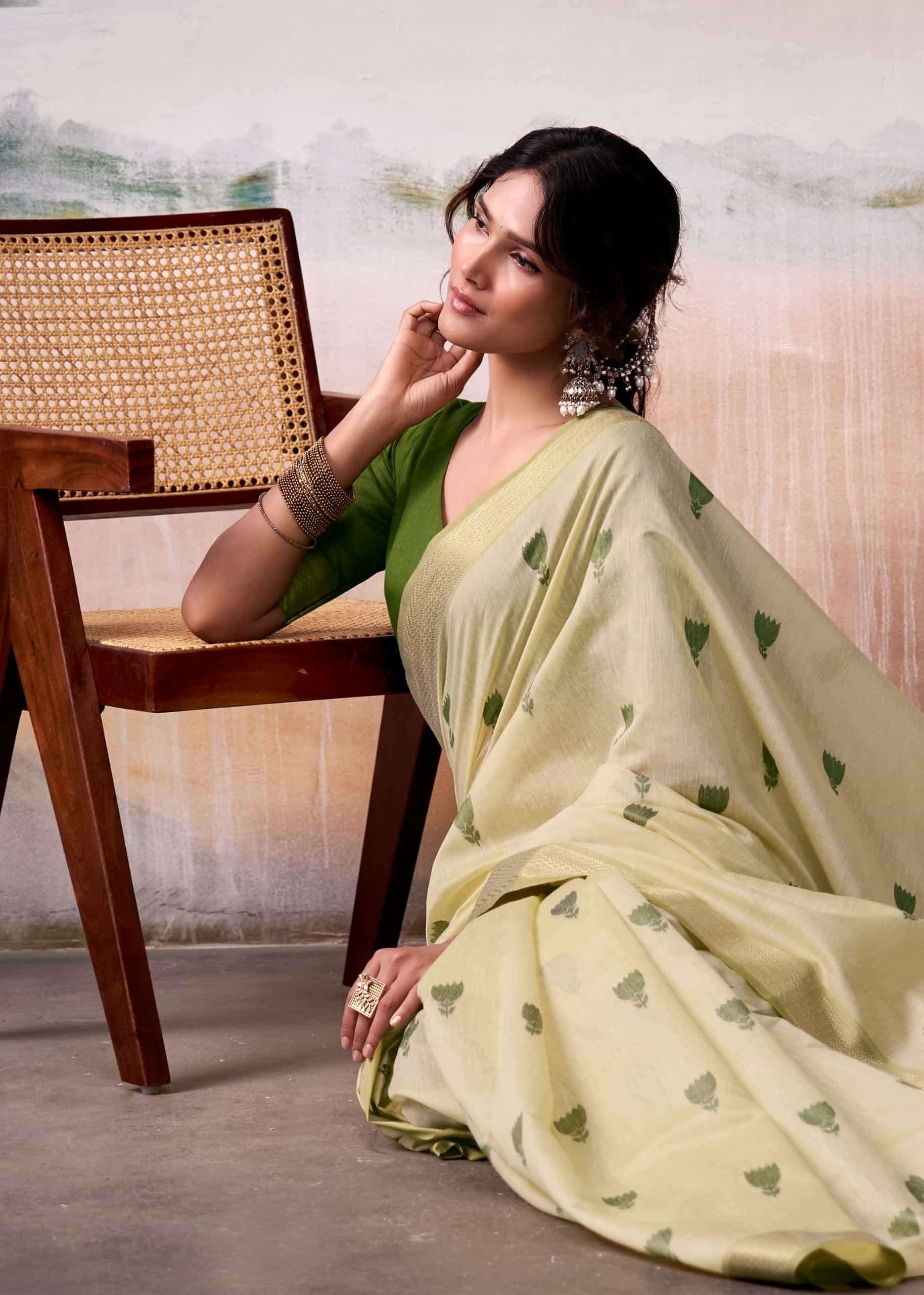 Crayola Yellow Woven Design Zari Pure Cotton Saree With Blouse