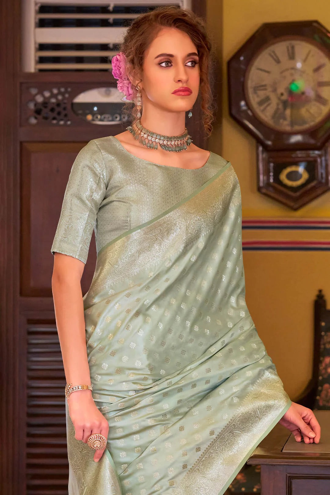 Piquant Pista Woven Banarasi Satin Soft Silk Saree