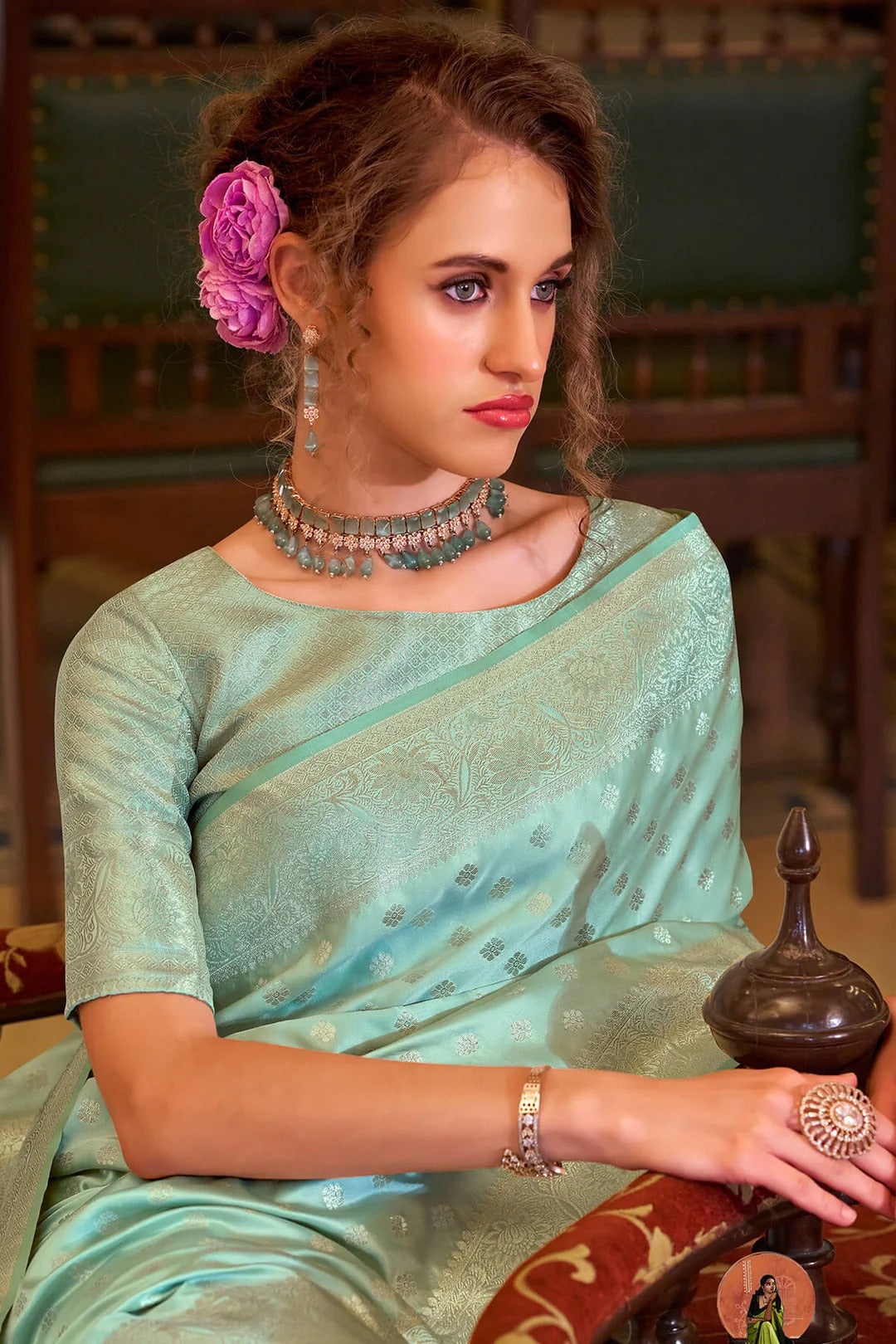 Beauteous Green Woven Banarasi Satin Soft Silk Saree