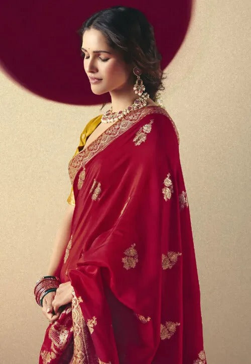 Paprika Viscous Dola Silk Zari Weaving With Tassels