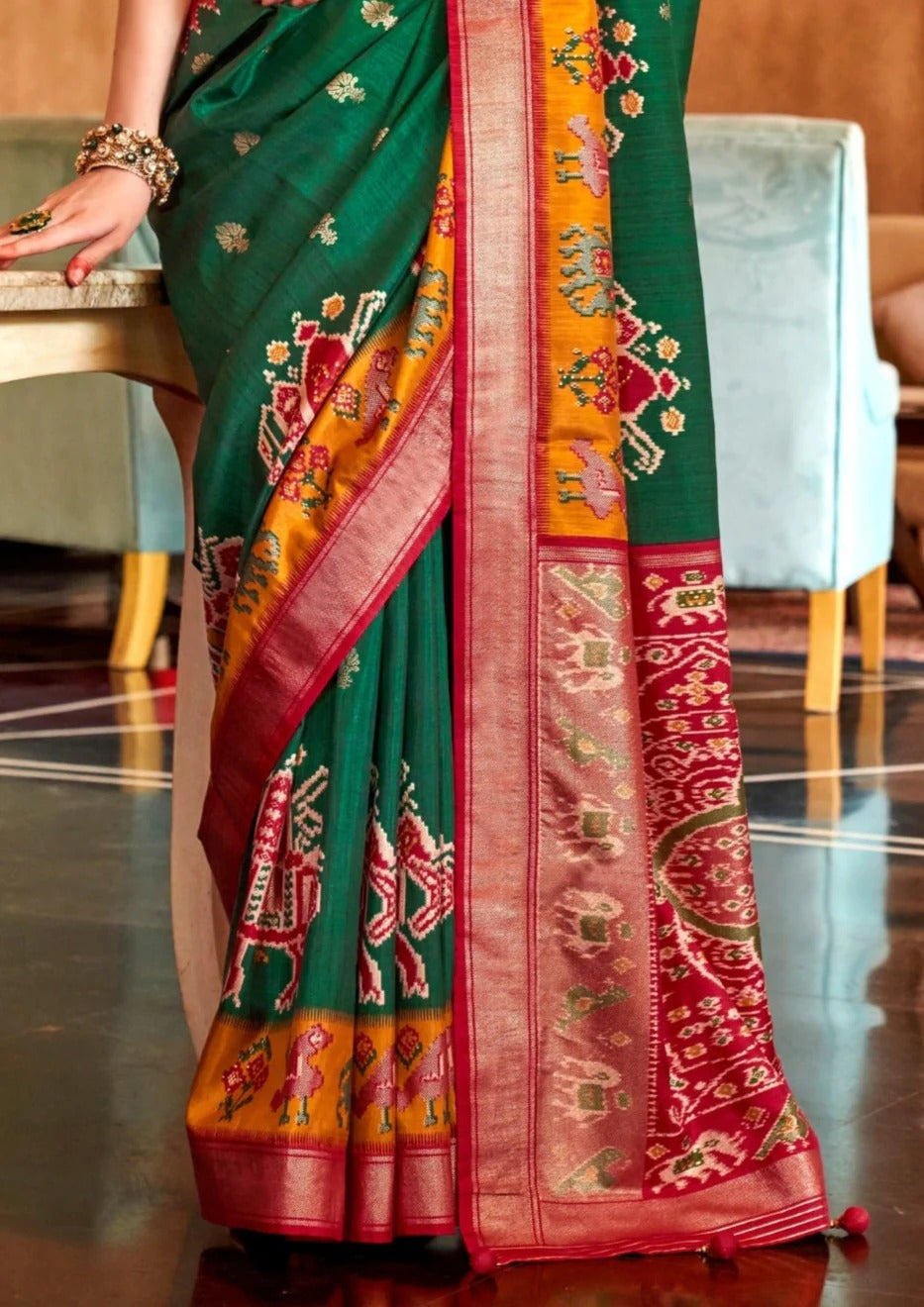 Spring Green Printed Soft Patola Silk Saree