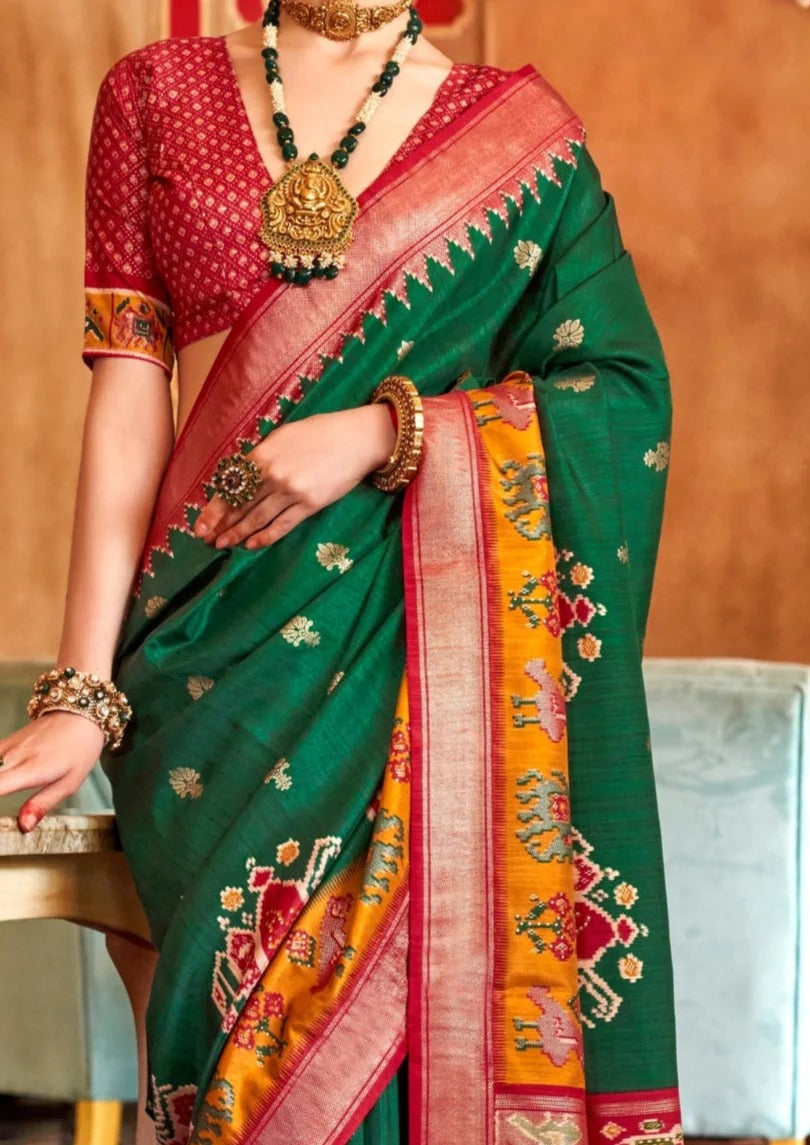 Spring Green Printed Soft Patola Silk Saree