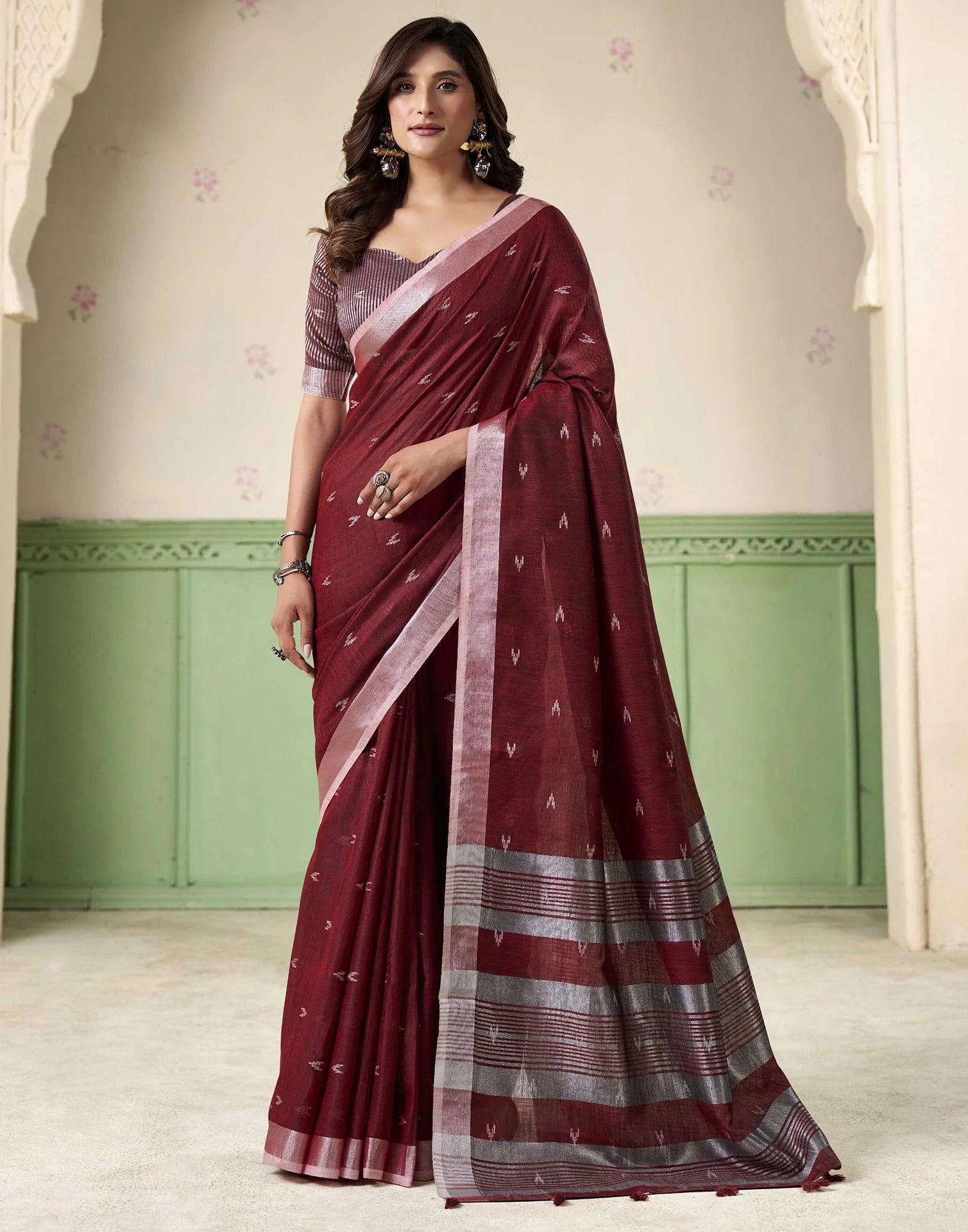 Anemones Maroon Casual Linen Silk Saree