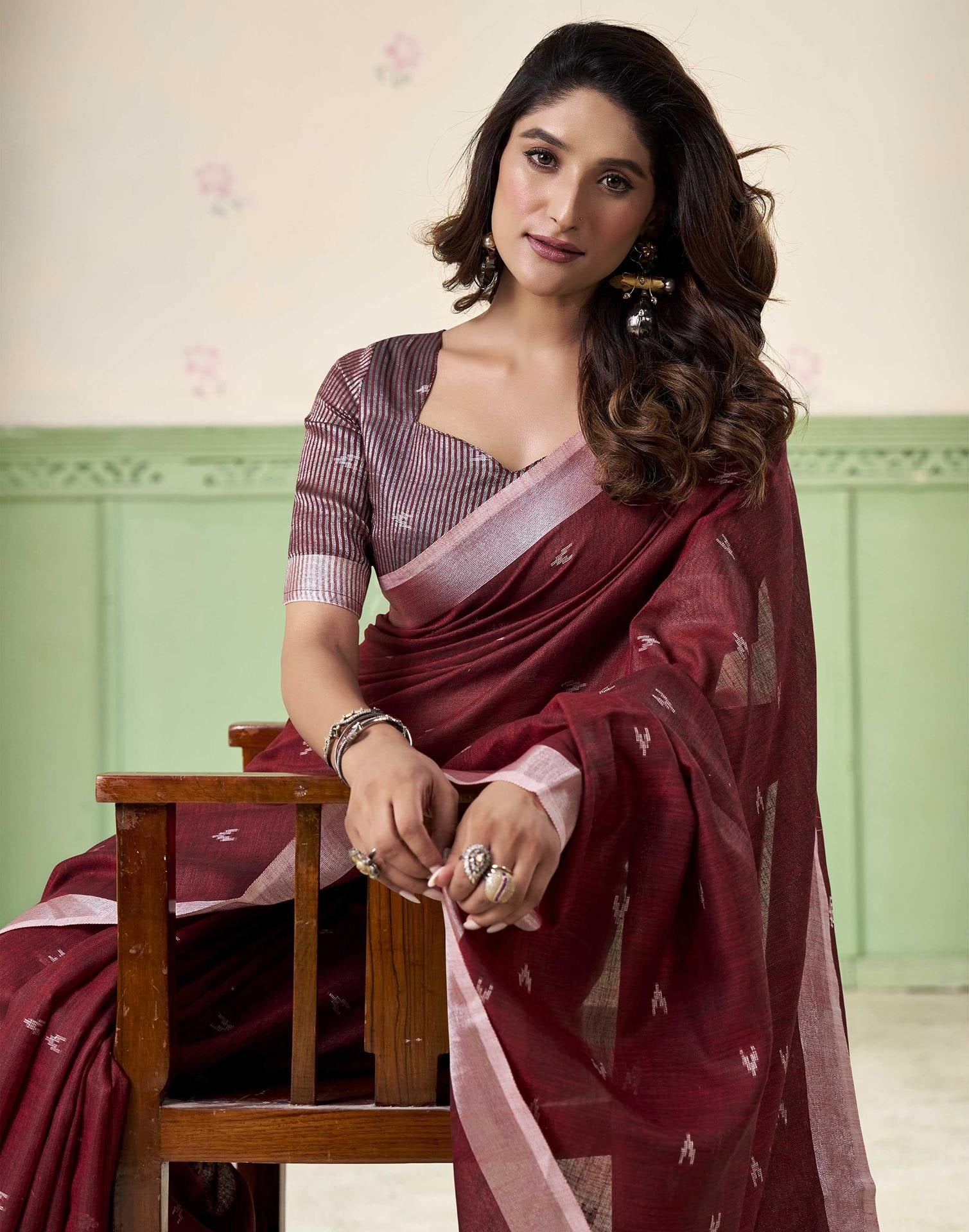 Anemones Maroon Casual Linen Silk Saree