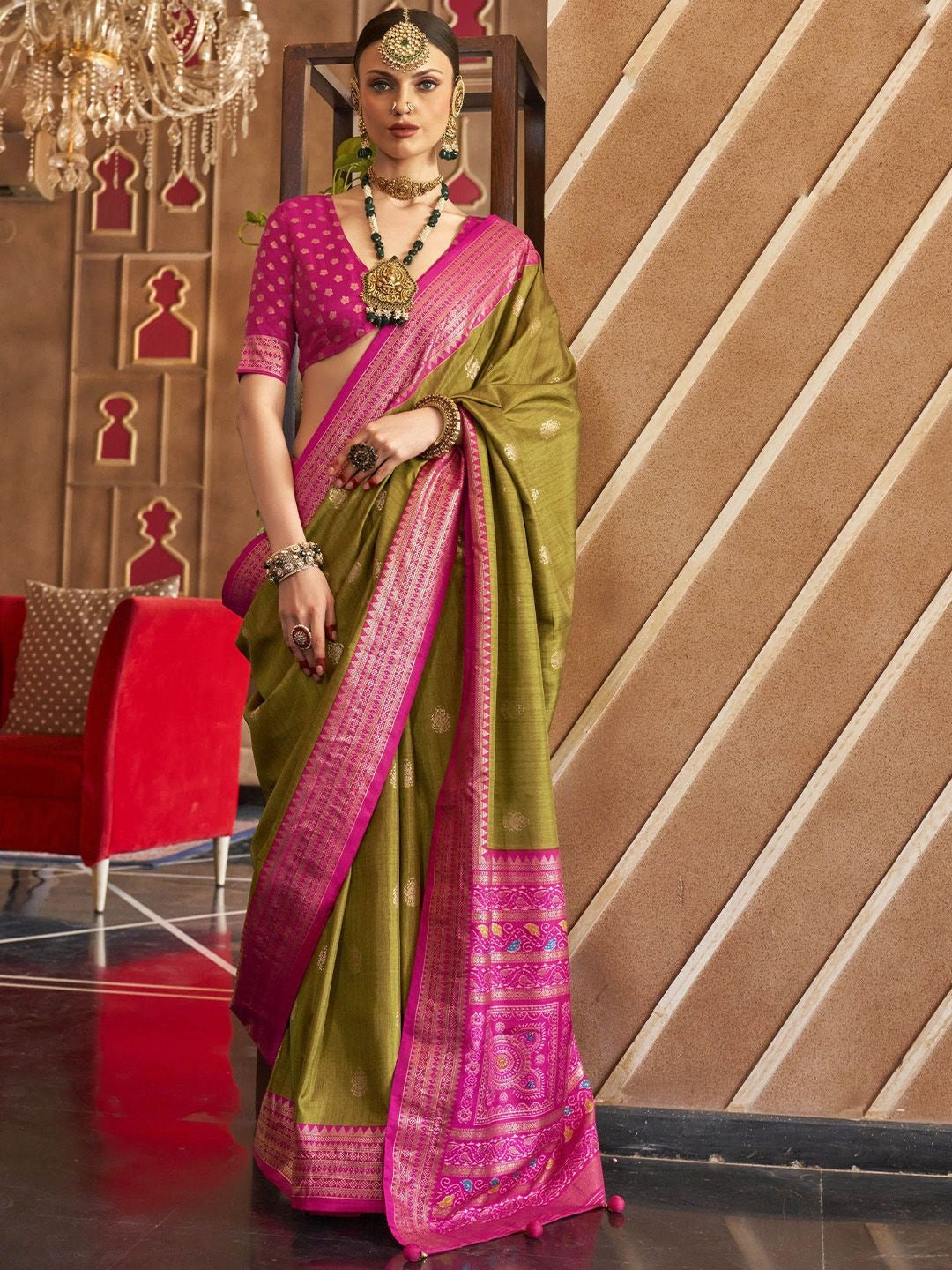 Volt Green Printed Soft Patola Silk Saree