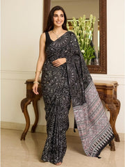 Black Bandhani Ajrakh Real Mirror Modal Silk Saree With Blouse
