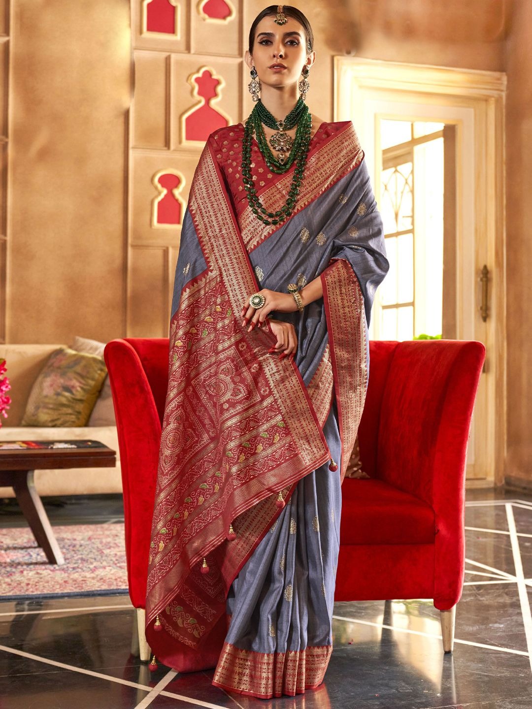 Dust Grey Printed Soft Patola Silk Saree