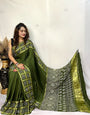 Mehndi Hand Block Ajrakh Saree in Pure Modal Silk with Gharchola Border and Zari Detailing