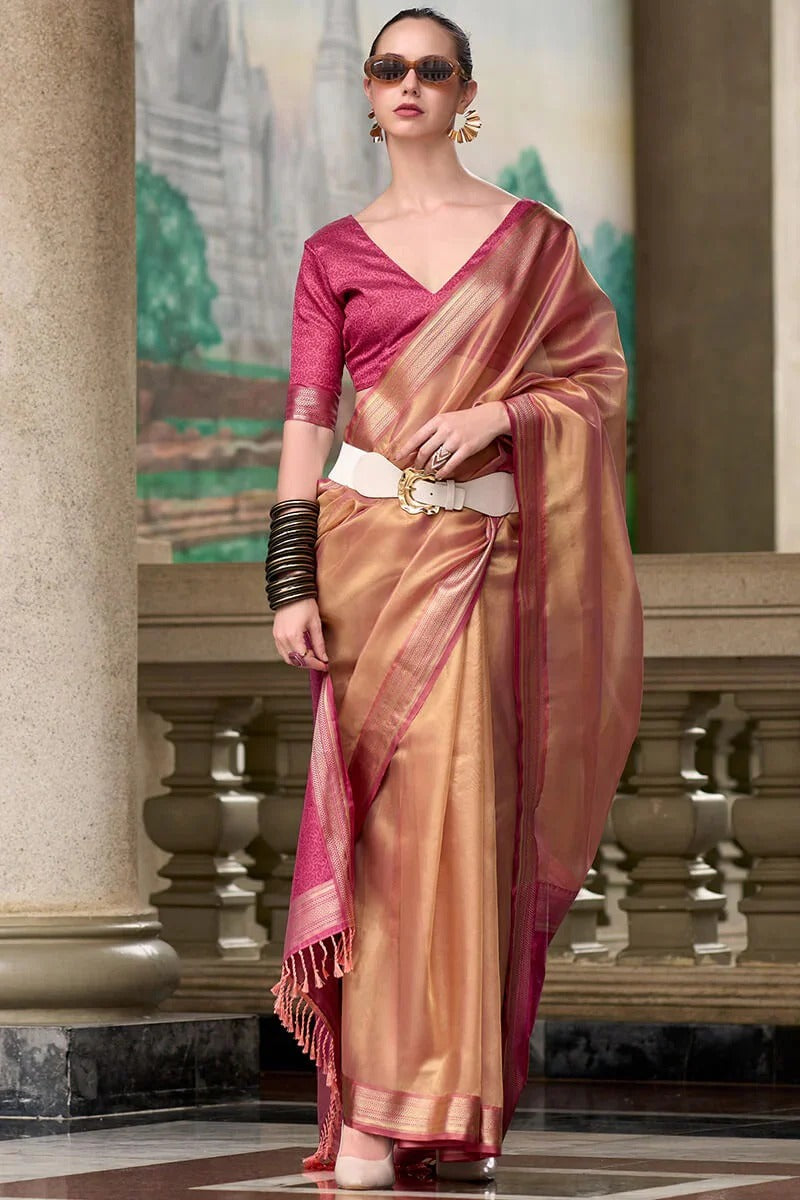 Rose Pink Handloom Tissue Soft Saree