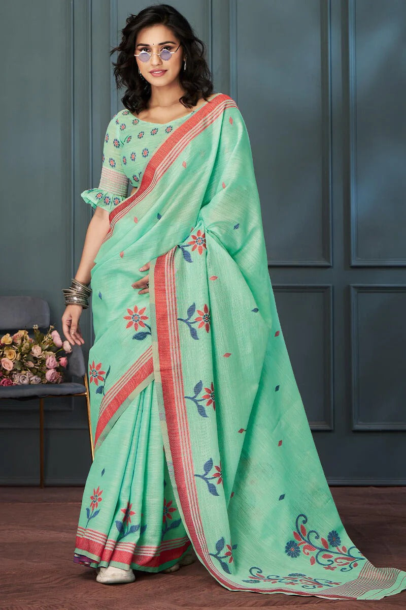 Light Green Handloom Linen Saree With Fancy Blouse