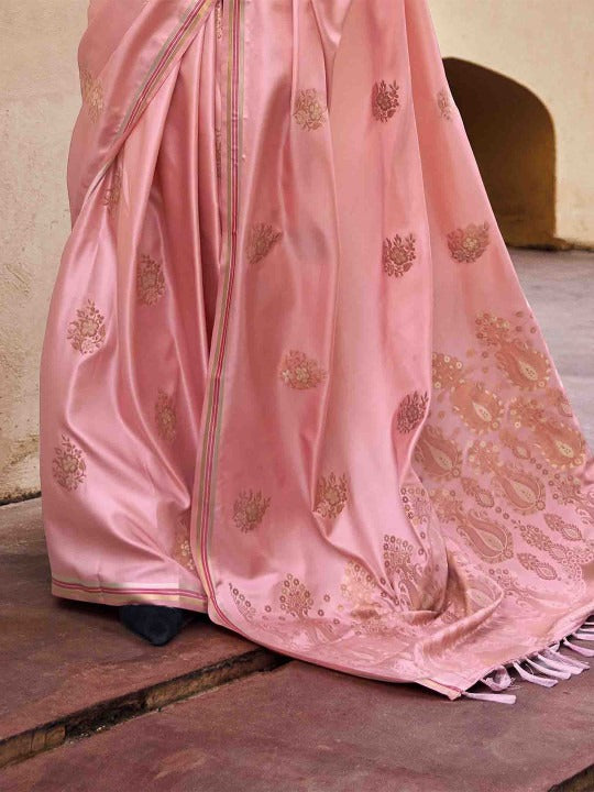 Luxe Peach Woven Satin Soft Silk Saree With Zari Weaving