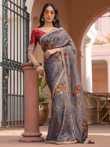 Dark Grey Pure Viscose Dola Silk Saree with Floral Print