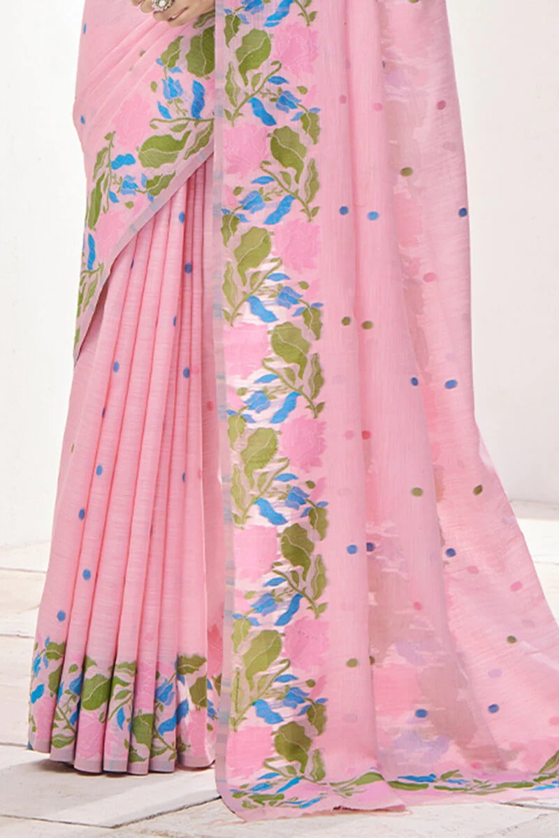 Lipstick Pink Pure Soft Linen Silk Printed Saree