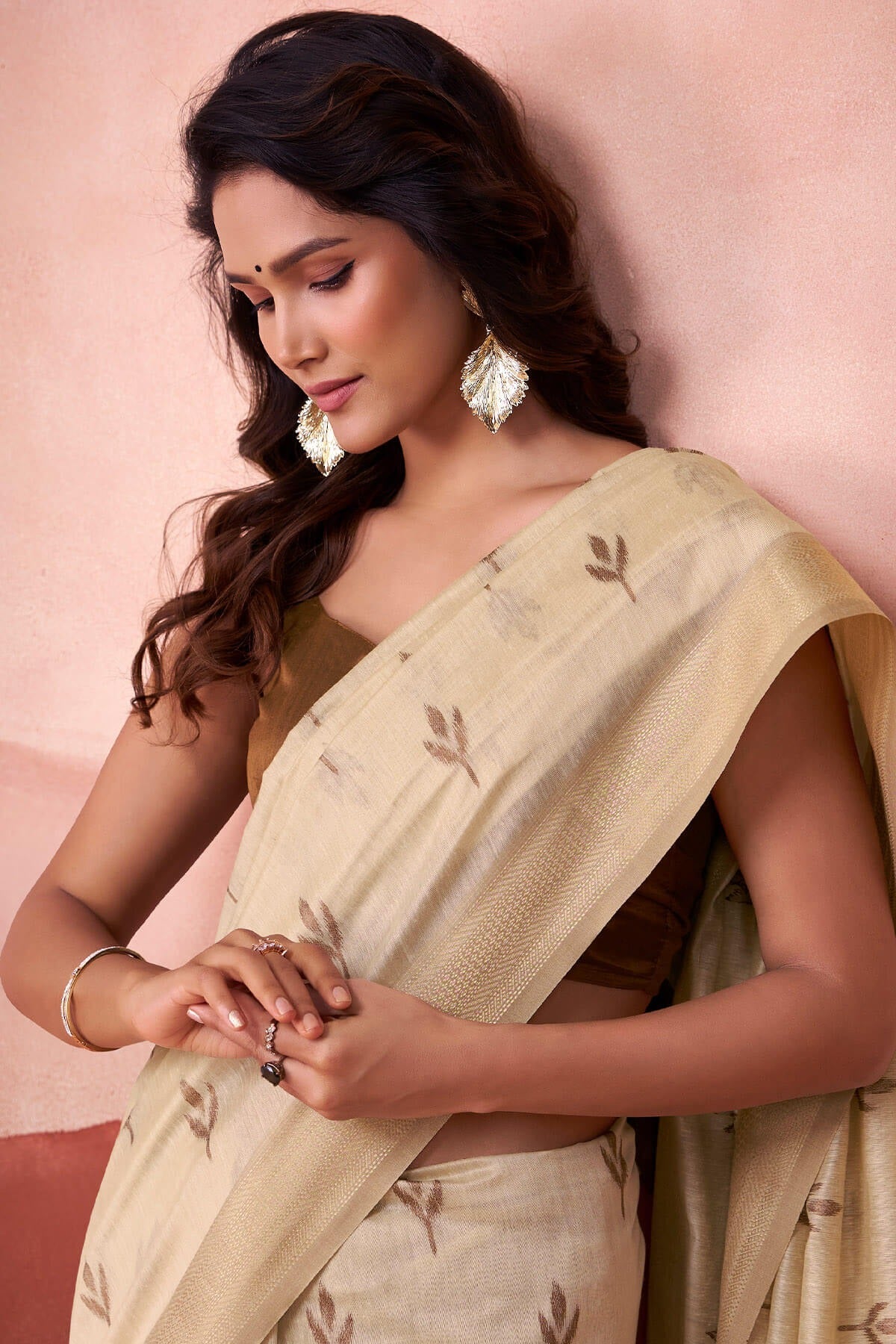 Hampton Beige Woven Design Zari Pure Cotton Saree With Blouse