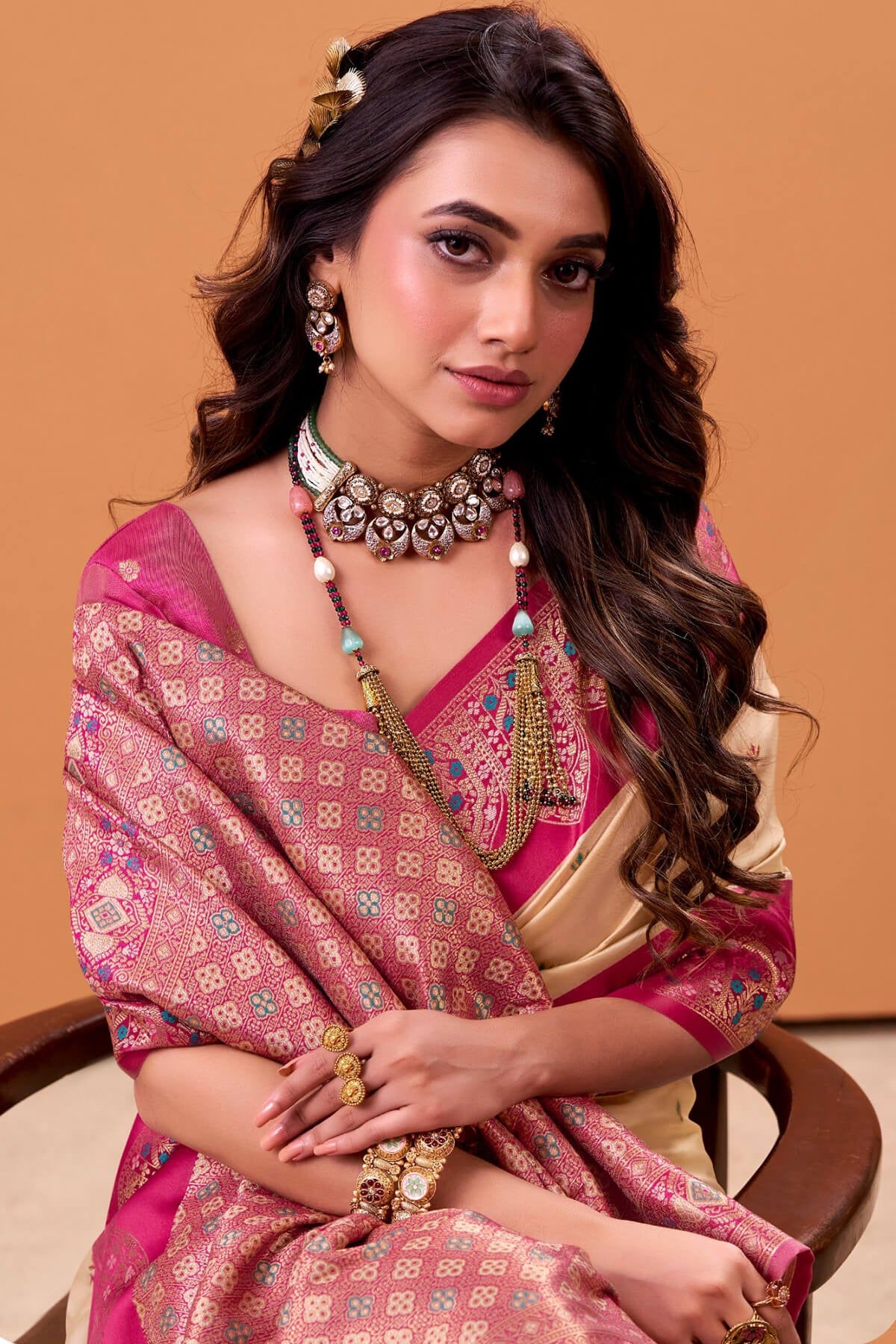 Parchment Cream Woven Banarasi Satin Soft Silk Saree