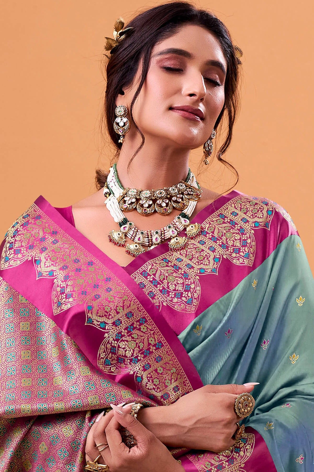 Santas Grey Woven Banarasi Satin Soft Silk Saree