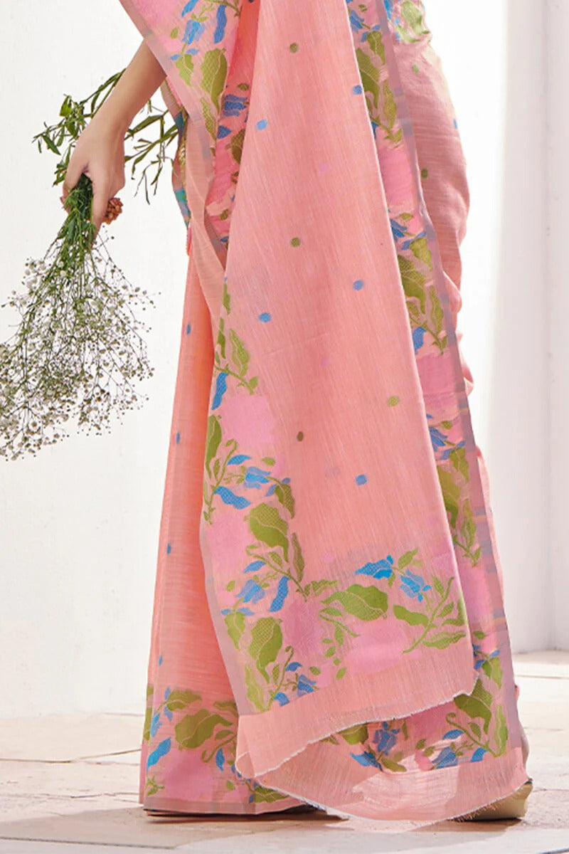 Peach Pure Soft Linen Silk Printed Saree