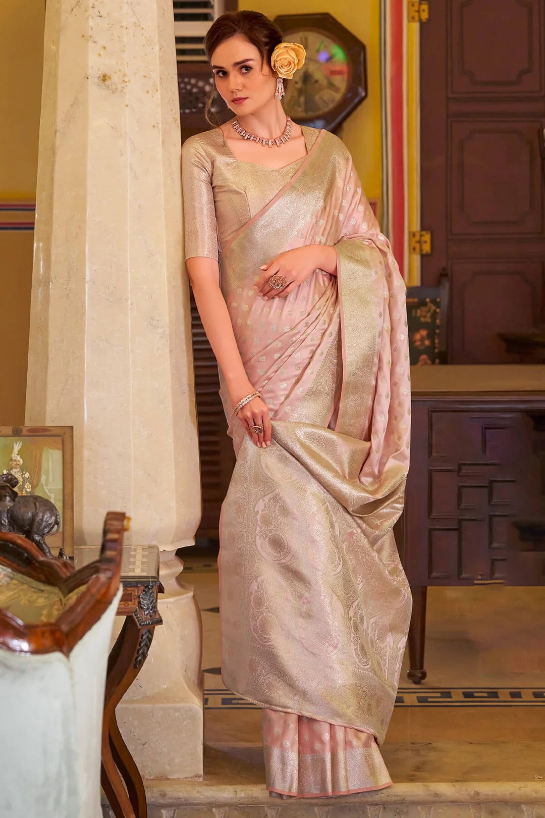 Woebegone Pink Woven Banarasi Satin Soft Silk Saree