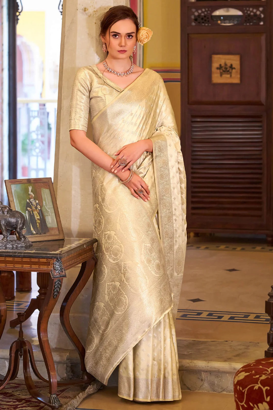 Redolent Beige Woven Banarasi Satin Soft Silk Saree