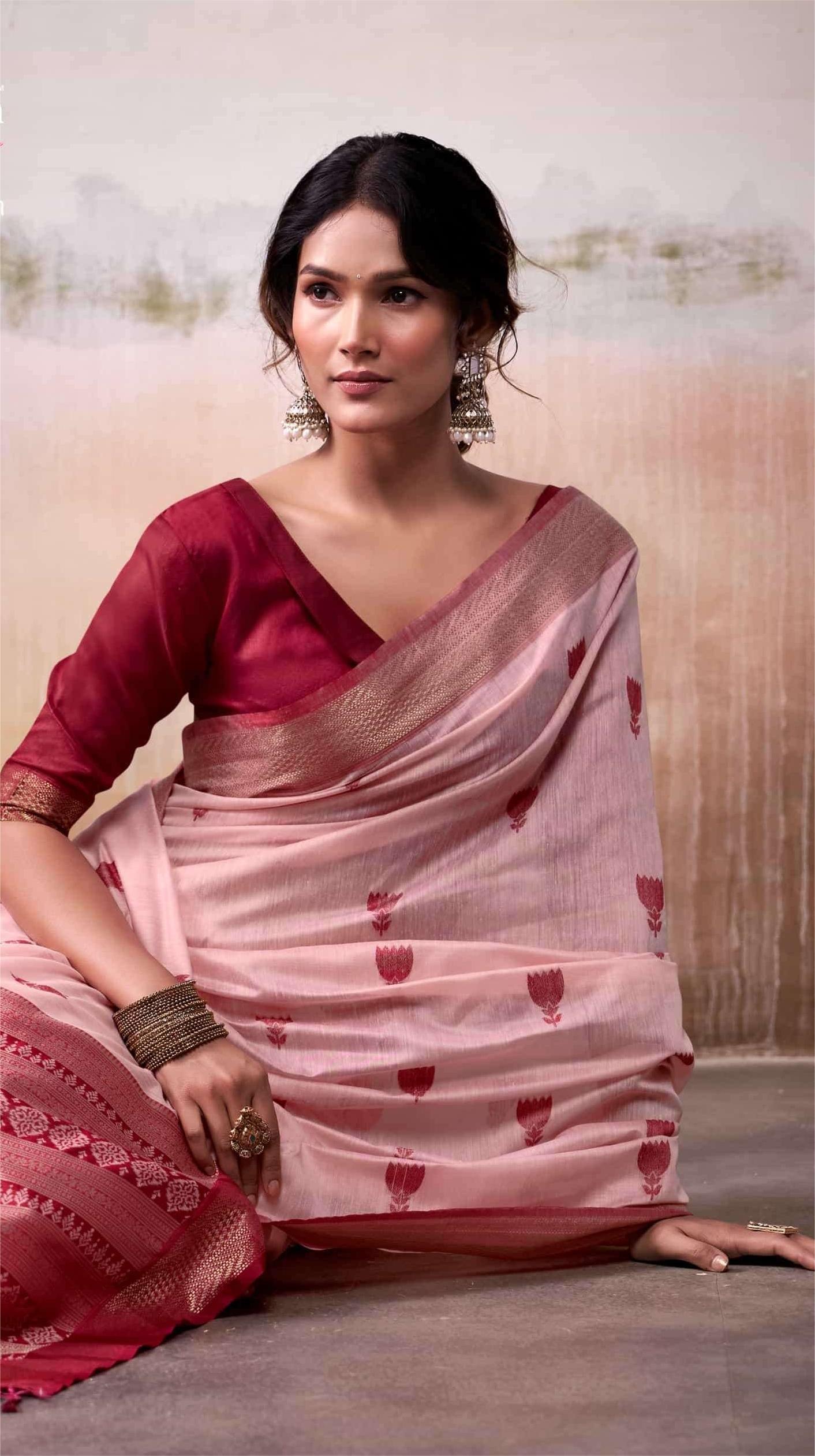 Fire Red Woven Design Zari Pure Cotton Saree With Blouse
