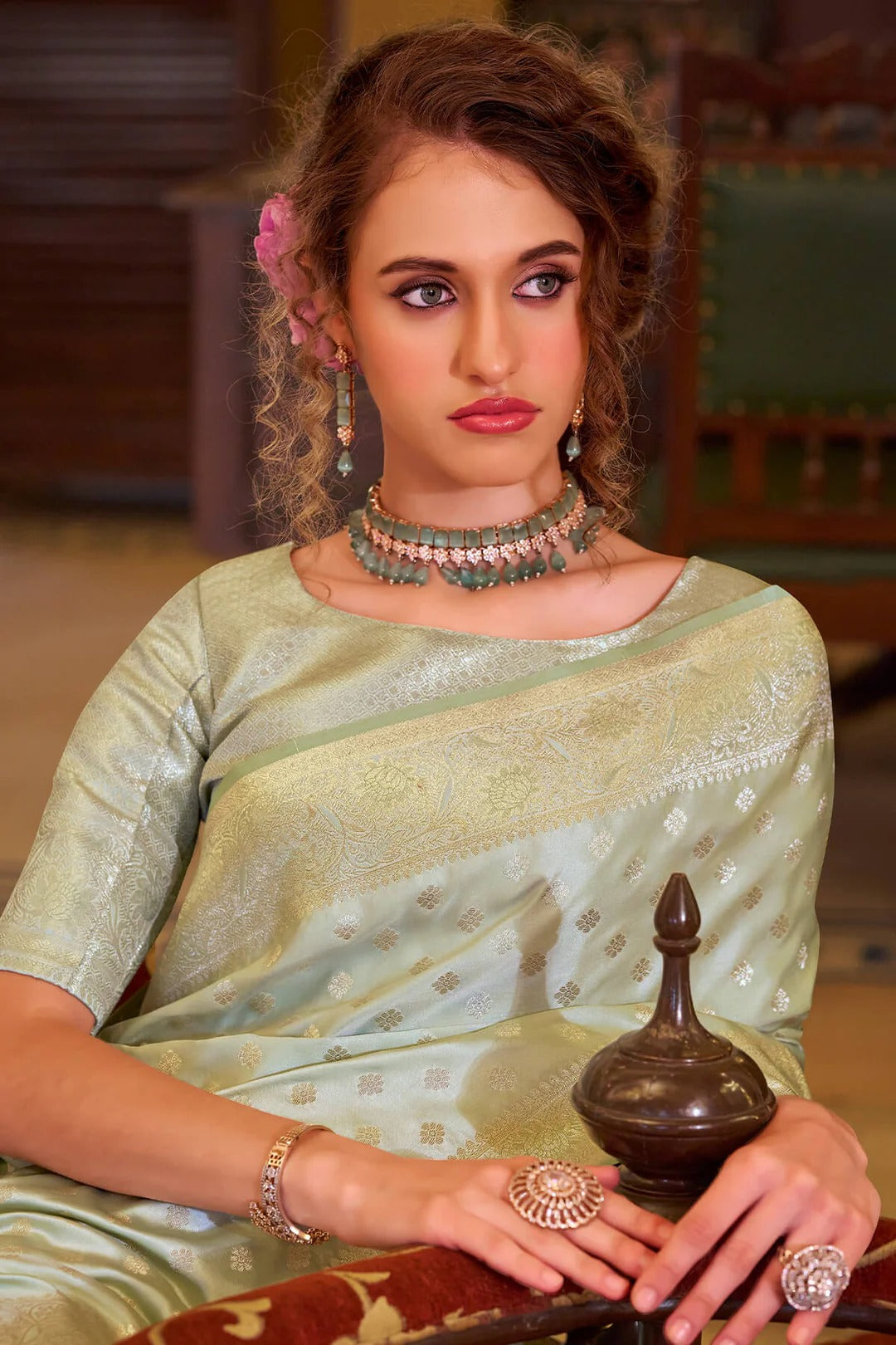 Piquant Pista Woven Banarasi Satin Soft Silk Saree