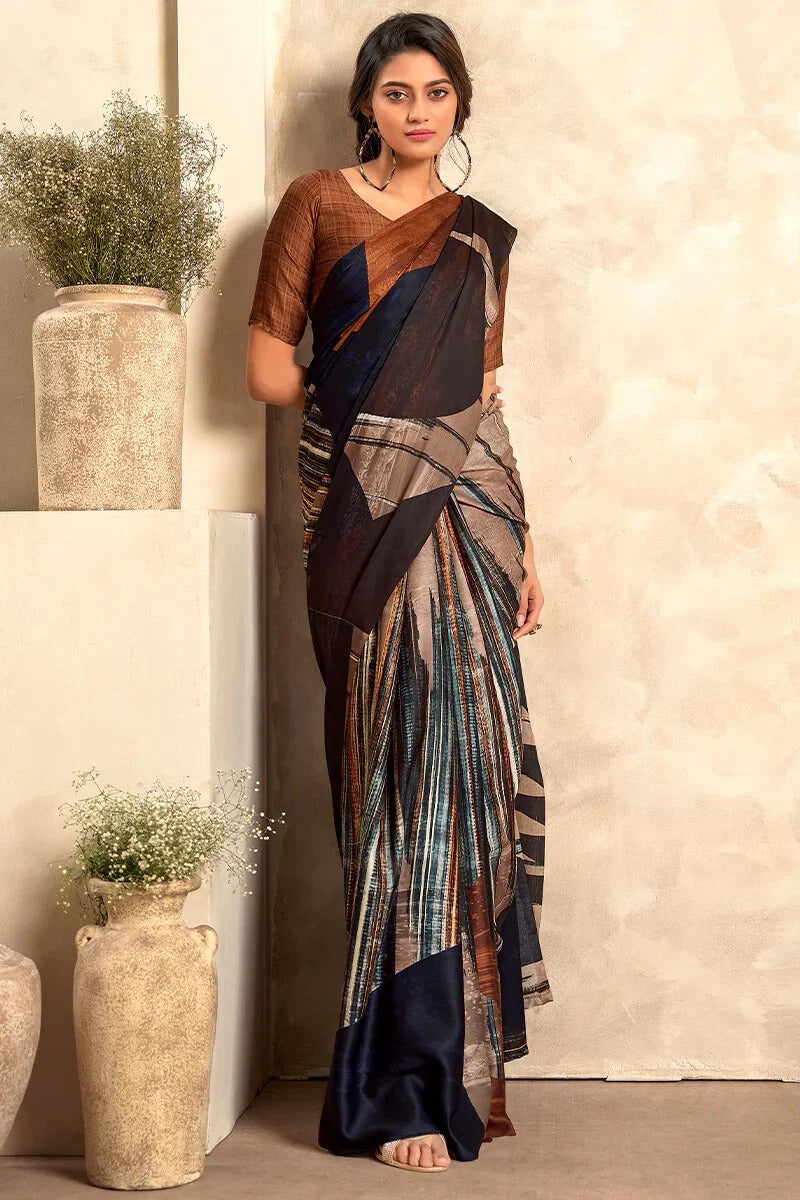 Cocoa Browny Printed Crepe Satin Soft Silk Saree