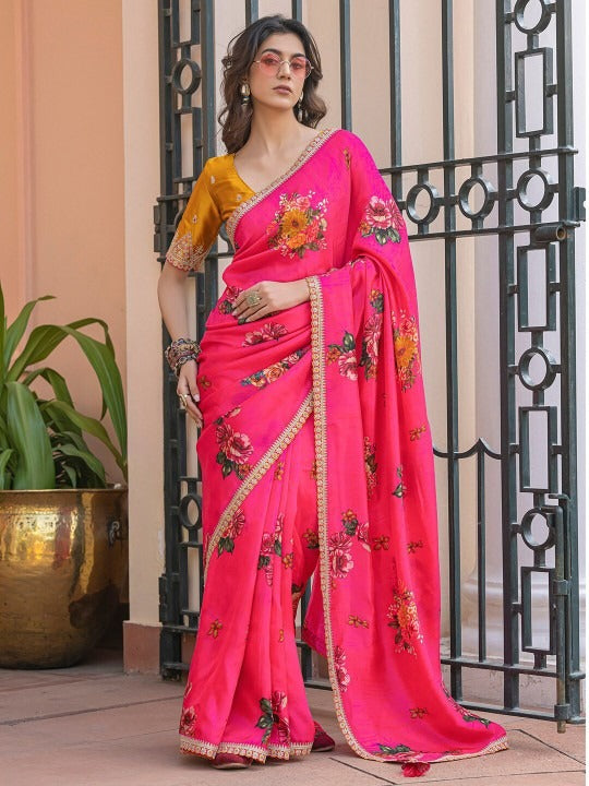 Lily Pink Pure Viscose Dola Silk Saree with Floral Print