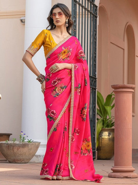 Lily Pink Pure Viscose Dola Silk Saree with Floral Print