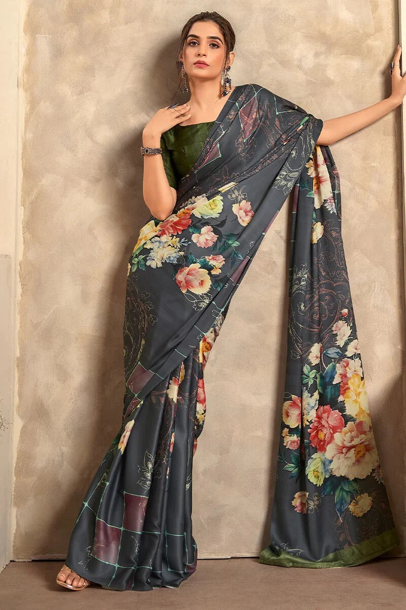 Stone Black Printed Crepe Satin Soft Silk Saree