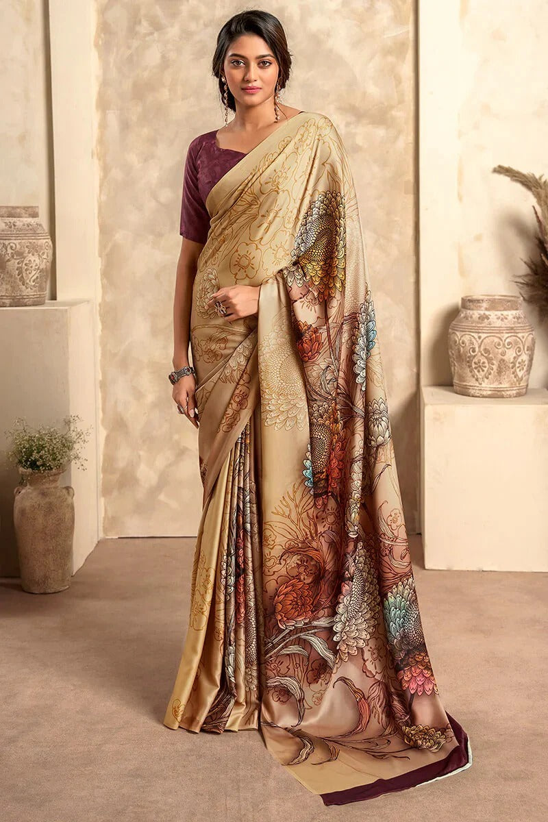 Ivory Cream Printed Crepe Satin Soft Silk Saree
